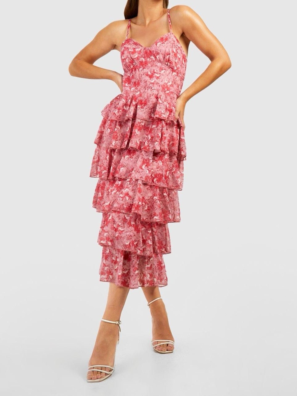 boohoo | Chiffon Floral Tiered Strappy Midi Dress